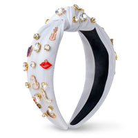 PANTIDE Music Jeweled Knotted Headband - Singer Fans Gift Guitar Red Lip Rhinestone Crystal Embellished Headband Wide Top Knot Fashion Hairband Birthday Back To School Gift for Women Girls (White)