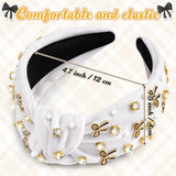 PANTIDE Coquette Black Bow Jeweled Knotted Headband - Rhinestone Crystal Embellished Preppy Trendy Headband Wide Top Knot Non Slip Fashion Hairband Accessories Birthday Gift for Women Girl (White)