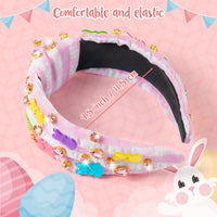 PANTIDE Easter Bunny Jeweled Knotted Headband - Peeps Rabbits Rhinestone Crystal Embellished Headband Wide Top Knot Hairband Hair Accessories Easter Spring Birthday Gift for Women Girls (Pink Plaid)