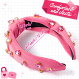 PANTIDE Heart Jeweled Knotted Headband Rose Red Rhinestone Crystal Embellished Headband Non Slip Wide Top Knot Fashion Hairband Hair Accessories Christmas Birthday Gift for Women Girls (Hot Pink)