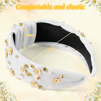 PANTIDE Daisy Jeweled Knotted Headband - Rhinestone Crystal Beads Embellished Headband Wide Top Knot Fashion Hairband Hair Accessories Summer Birthday Holiday Christmas Gift for Women Girls (White)