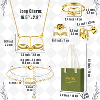 PANTIDE 5Pcs Book Lovers Jewelry Set For Women - Open Book Necklace Gold Plated Earring Ring Bracelet, Bookworm Librarian Reading Club Teacher Gifts, Stainless Steel Jewelry Christmas Birthday Gift