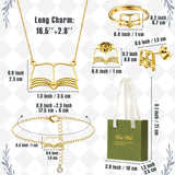 PANTIDE 5Pcs Book Lovers Jewelry Set For Women - Open Book Necklace Gold Plated Earring Ring Bracelet, Bookworm Librarian Reading Club Teacher Gifts, Stainless Steel Jewelry Christmas Birthday Gift