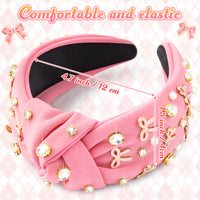 PANTIDE Coquette Pink Bow Jeweled Knotted Headband - Rhinestone Crystal Pearl Embellished Preppy Trendy Headband Wide Top Knot Non Slip Fashion Hair Accessories Birthday Gift for Women Girls (Pink)
