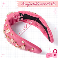PANTIDE Hot Pink Jeweled Knotted Headband Rhinestone Crystal Pearls Bags Embellished Headband Non Slip Wide Top Knot Fashion Hairband Hair Accessories Christmas Birthday Gift for Women Girls
