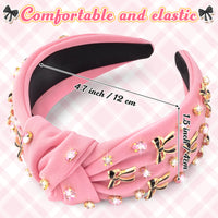 PANTIDE Coquette Black Bow Jeweled Knotted Headband - Rhinestone Crystal Embellished Preppy Trendy Headband Wide Top Knot Non Slip Fashion Hairband Hair Accessories Birthday Gift for Women Girl (Pink)