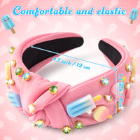 PANTIDE Ice Cream Jeweled Knotted Headband - Lollipop Heart Rhinestone Crystal Embellished Headband Non Slip Wide Top Knot Fashion Hairband Hair Accessories Summer Birthday Gift for Women Girls (Pink)