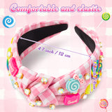 PANTIDE Candy Jeweled Knotted Headband - Rainbow Lollipop Rhinestone Crystal Embellished Preppy Headband Non Slip Wide Top Knot Fashion Hairband Accessories Birthday Gift for Women Girls (Pink Plaid)