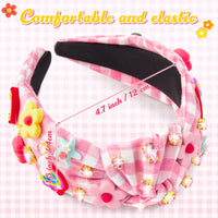 PANTIDE Floral Jeweled Knotted Headband - Rainbow Rhinestone Crystal Embellished Headband Non Slip Wide Top Knot Fashion Hairband Hair Accessories Summer Birthday Gift for Women Girls (Pink Plaid)