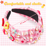 PANTIDE Floral Jeweled Knotted Headband - Rainbow Rhinestone Crystal Embellished Headband Non Slip Wide Top Knot Fashion Hairband Hair Accessories Summer Birthday Gift for Women Girls (Pink Plaid)