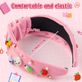PANTIDE Teacher Jeweled Knotted Headband - Teacher Appreciation Gift Apple Pencil Rhinestone Pearl Embellished Headband Wide Top Knot Hair Accessories Back To School Birthday for Women Girls (Pink)