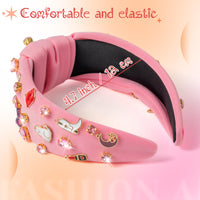 PANTIDE Music Jeweled Knotted Headband - Singer Fans Gift Guitar Red Lip Rhinestone Crystal Embellished Headband Wide Top Knot Fashion Hairband Birthday Back To School Gift for Women Girls (Pink)