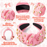 PANTIDE Coquette Pink Bow Jeweled Knotted Headband - Rhinestone Crystal Pearl Embellished Preppy Trendy Headband Wide Top Knot Non Slip Fashion Hair Accessories Birthday Gift for Women Girls (Pink)