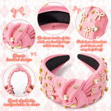 PANTIDE Coquette Pink Bow Jeweled Knotted Headband - Rhinestone Crystal Pearl Embellished Preppy Trendy Headband Wide Top Knot Non Slip Fashion Hair Accessories Birthday Gift for Women Girls (Pink)
