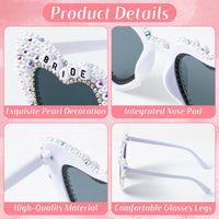 PANTIDE Bride To Be Sunglasses - Rhinestone Crystal Pearl Heart Shaped Sunglasses, Bachelorette Bridal Shower Wedding Engagement Party Glasses Accessories, Jewelry Gift for Bridesmaid Women (White)