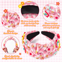PANTIDE Floral Jeweled Knotted Headband - Rainbow Rhinestone Crystal Embellished Headband Non Slip Wide Top Knot Fashion Hairband Hair Accessories Summer Birthday Gift for Women Girls (Pink Plaid)