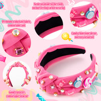 PANTIDE Candy Jeweled Knotted Headband - Sugar Lollipop Rhinestone Crystal Embellished Preppy Headband Non Slip Wide Top Knot Fashion Hairband Hair Accessories Birthday Gift for Women Girls (Pink)