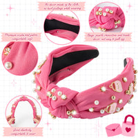 PANTIDE Hot Pink Jeweled Knotted Headband Rhinestone Crystal Pearls Bags Embellished Headband Non Slip Wide Top Knot Fashion Hairband Hair Accessories Christmas Birthday Gift for Women Girls