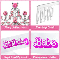 PANTIDE Birthday Babe Sash Crown Set Pink Rhinestone Crystal Tiara with Comb Glitter Princess Queen Headband Hair Accessories Happy Birthday Prom Party Decoration Valentine’s Day Gift for Women Girls