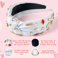PANTIDE Music Jeweled Knotted Headband - Singer Fans Gift Guitar Red Lip Rhinestone Crystal Embellished Headband Wide Top Knot Fashion Hairband Birthday Back To School Gift for Women Girls (White)