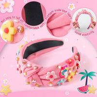 PANTIDE Floral Jeweled Knotted Headband - Rainbow Rhinestone Crystal Embellished Headband Wide Top Knot Fashion Hairband Hair Accessories Summer Birthday Back To School Gift for Women Girls (Pink)