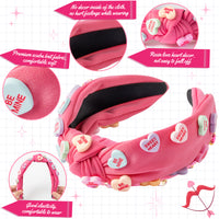 PANTIDE Conversation Heart Knotted Headband Valentine's Day Love Candy Embellished Headband Non Slip Wide Top Knot Fashion Hairband Hair Accessories Christmas Birthday Gift for Women Girls (Hot Pink)