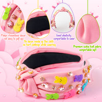PANTIDE Easter Bunny Jeweled Knotted Headband - Peeps Rabbits Rhinestone Crystal Embellished Headband Wide Top Knot Fashion Hairband Hair Accessories Easter Spring Birthday Gift for Women Girls (Pink)