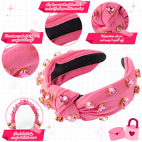 PANTIDE Heart Jeweled Knotted Headband Rose Red Rhinestone Crystal Embellished Headband Non Slip Wide Top Knot Fashion Hairband Hair Accessories Christmas Birthday Gift for Women Girls (Hot Pink)