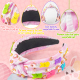 PANTIDE Easter Bunny Jeweled Knotted Headband - Peeps Rabbits Rhinestone Crystal Embellished Headband Wide Top Knot Hairband Hair Accessories Easter Spring Birthday Gift for Women Girls (Pink Plaid)