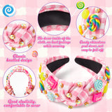 PANTIDE Candy Jeweled Knotted Headband - Rainbow Lollipop Rhinestone Crystal Embellished Preppy Headband Non Slip Wide Top Knot Fashion Hairband Accessories Birthday Gift for Women Girls (Pink Plaid)