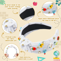 PANTIDE Teacher Jeweled Knotted Headband - Teacher Appreciation Gift Apple Pencil Rhinestone Pearl Embellished Headband Wide Top Knot Hair Accessories Back To School Birthday for Women Girls (White)