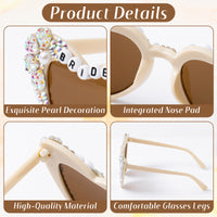PANTIDE Bride To Be Sunglasses - Rhinestone Pearl Heart Shaped Sunglasses, Bachelorette Bridal Shower Wedding Engagement Party Favors Glasses Accessories, Jewelry Gift for Bridesmaid Women (Brown)