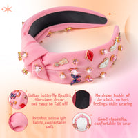 PANTIDE Music Jeweled Knotted Headband - Singer Fans Gift Guitar Red Lip Rhinestone Crystal Embellished Headband Wide Top Knot Fashion Hairband Birthday Back To School Gift for Women Girls (Pink)
