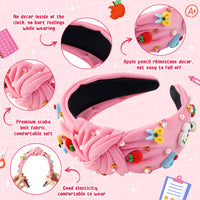 PANTIDE Teacher Jeweled Knotted Headband - Teacher Appreciation Gift Apple Pencil Rhinestone Pearl Embellished Headband Wide Top Knot Hair Accessories Back To School Birthday for Women Girls (Pink)