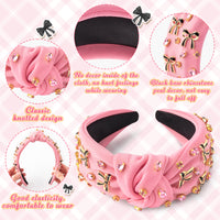 PANTIDE Coquette Black Bow Jeweled Knotted Headband - Rhinestone Crystal Embellished Preppy Trendy Headband Wide Top Knot Non Slip Fashion Hairband Hair Accessories Birthday Gift for Women Girl (Pink)