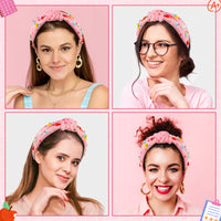PANTIDE Teacher Jeweled Knotted Headband - Teacher Appreciation Gift Apple Pencil Rhinestone Pearl Embellished Headband Wide Top Knot Hair Accessories Back To School Birthday for Women Girls (Pink)