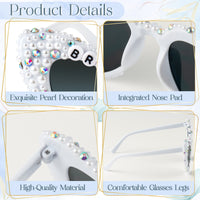 PANTIDE Bride To Be Sunglasses - Rhinestone Pearl Heart Shaped Sunglasses, Bachelorette Bridal Shower Wedding Engagement Party Favors Glasses Accessories, Jewelry Gift for Bridesmaid Women (White)