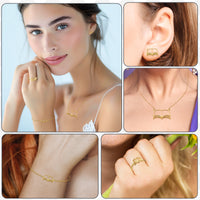 PANTIDE 5Pcs Book Lovers Jewelry Set For Women - Open Book Necklace Gold Plated Earring Ring Bracelet, Bookworm Librarian Reading Club Teacher Gifts, Stainless Steel Jewelry Christmas Birthday Gift