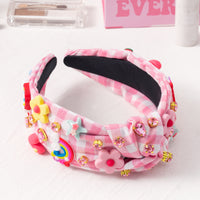 PANTIDE Floral Jeweled Knotted Headband - Rainbow Rhinestone Crystal Embellished Headband Non Slip Wide Top Knot Fashion Hairband Hair Accessories Summer Birthday Gift for Women Girls (Pink Plaid)