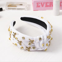 PANTIDE Coquette Black Bow Jeweled Knotted Headband - Rhinestone Crystal Embellished Preppy Trendy Headband Wide Top Knot Non Slip Fashion Hairband Accessories Birthday Gift for Women Girl (White)