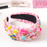 PANTIDE Candy Jeweled Knotted Headband - Rainbow Lollipop Rhinestone Crystal Embellished Preppy Headband Non Slip Wide Top Knot Fashion Hairband Accessories Birthday Gift for Women Girls (Pink Plaid)