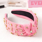PANTIDE Coquette Pink Bow Jeweled Knotted Headband - Rhinestone Crystal Pearl Embellished Preppy Trendy Headband Wide Top Knot Non Slip Fashion Hair Accessories Birthday Gift for Women Girls (Pink)