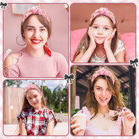 PANTIDE Coquette Black Bow Jeweled Knotted Headband - Rhinestone Crystal Embellished Preppy Trendy Headband Wide Top Knot Non Slip Fashion Hairband Hair Accessories Birthday Gift for Women Girl (Pink)