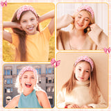 PANTIDE Coquette Pink Bow Jeweled Knotted Headband - Rhinestone Crystal Pearl Embellished Preppy Trendy Headband Wide Top Knot Non Slip Fashion Accessories Birthday Gift for Women Girls (Pink Plaid)