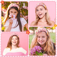 PANTIDE Floral Jeweled Knotted Headband - Rainbow Rhinestone Crystal Embellished Headband Non Slip Wide Top Knot Fashion Hairband Hair Accessories Summer Birthday Gift for Women Girls (Pink Plaid)