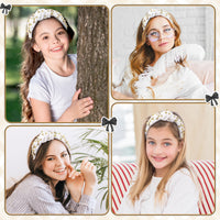 PANTIDE Coquette Black Bow Jeweled Knotted Headband - Rhinestone Crystal Embellished Preppy Trendy Headband Wide Top Knot Non Slip Fashion Hairband Accessories Birthday Gift for Women Girl (White)