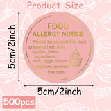 PANTIDE Food Allergy Notice Stickers - 500 Count Allergen Warning Label Gold Foil Adhesive Round Decal Roll, Food Alert Safety for Restaurant Home Kitchen Bakery Cake Shop (2 x 2 Inch, Pink)