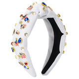 PANTIDE American Flag Jeweled Knotted Headband - Fourth of July Patriotic Red White Blue Star Pearl Rhinestone Embellished Headband Wide Top Knot Hairband Hair Accessories for Women Girls (White)