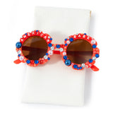 PANTIDE American Babe Sunglasses - Red White Blue Pearls Rhinestone Round Shaped Sunglasses, Fourth of July Patriotic Party Favors Outdoor Beach Glasses Accessories, Jewelry Gift for Kids (Red)