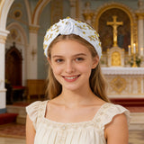 PANTIDE Cross Jeweled Knotted Headband - Easter Christian Religious Cross Pearl Rhinestone Embellished Headband Non Slip Wide Top Knot Hairband Hair Accessories Birthday Gift for Women Girls (White)